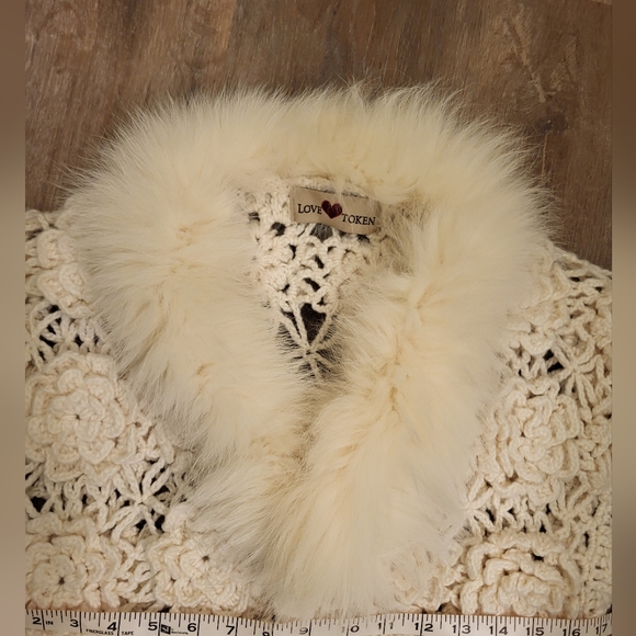 Love Token Crochet Fox Fur Collar Cardigan,Sweater,Jacket Size Large Ivory - Picture 5 of 13